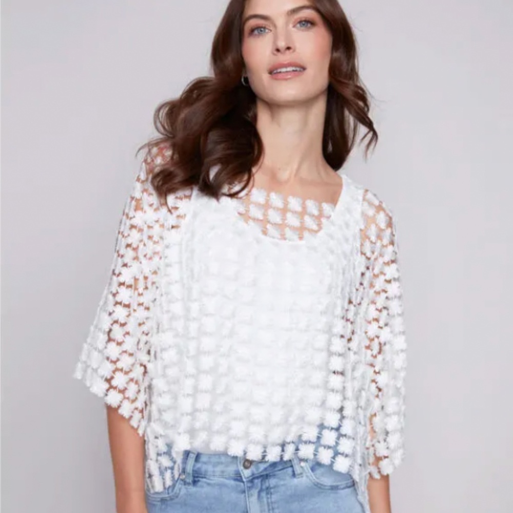 CHARLIE B White Textured Crochet Overlay Blouse